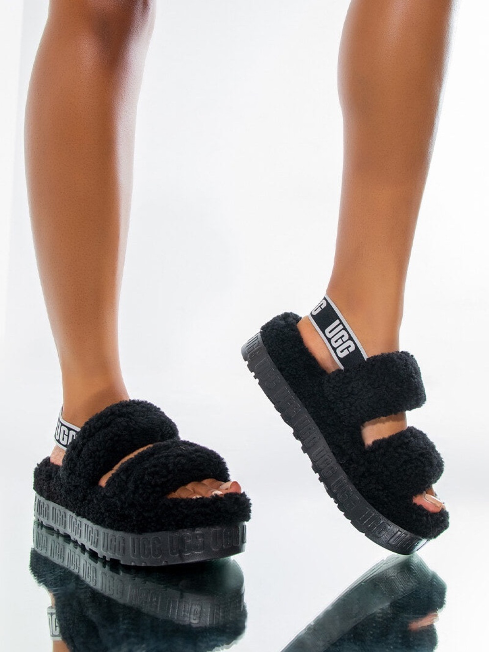 UGG Black Faux-Shearling Platform Slide Sandals